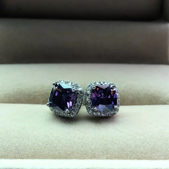 Purple Amethyst Diamond Halo Earrings Ear Ring - Picture 2 of 4